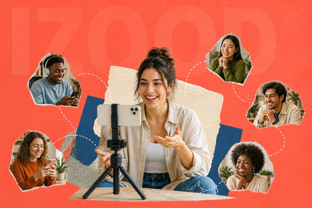 Creator filming an original video as a real audience grows through connections, shown in a bright photographic collage
