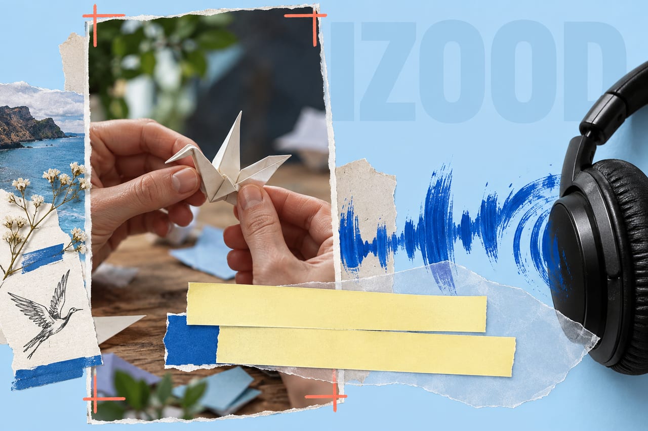 Hands making a paper bird with layered caption strips and headphones in a photographic collage