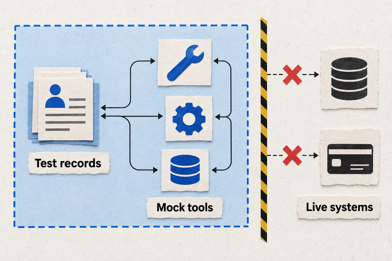 Fictional test records and mock tools stay inside a boundary away from live systems