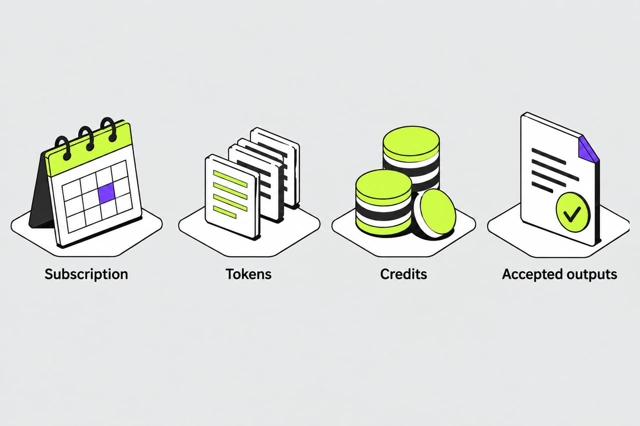 Four billing units show subscription, tokens, credits and accepted outputs