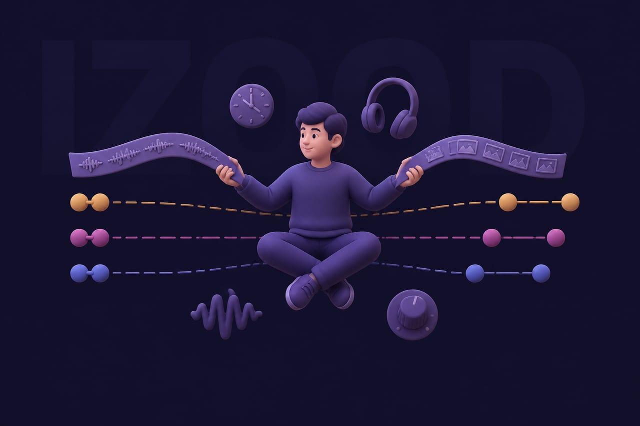 A floating vinyl figure compares two timing ribbons whose matching markers gradually separate