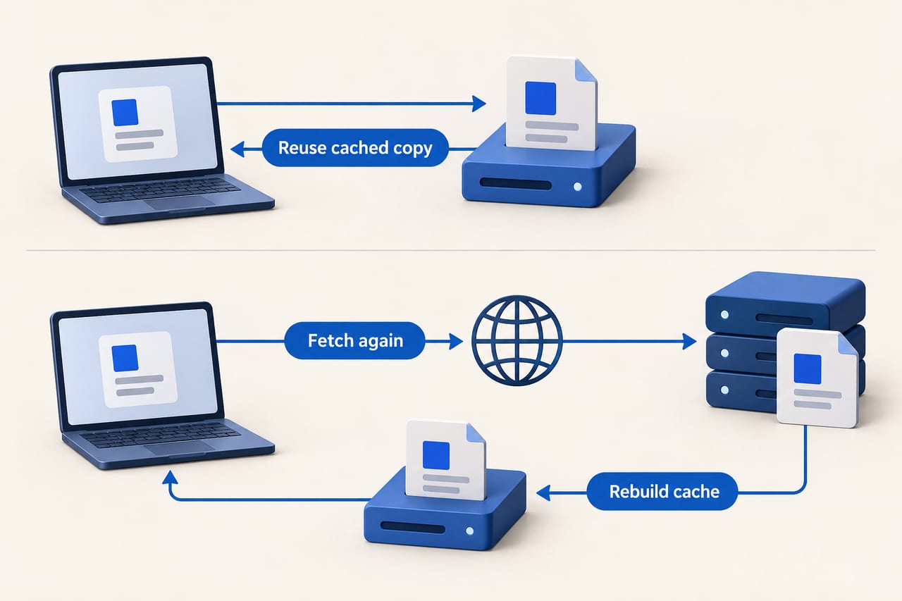 A cached-resource path is contrasted with fetching and rebuilding after the cache is cleared