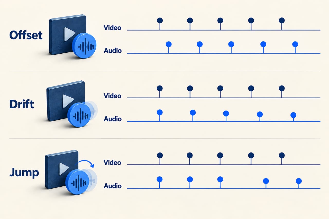 Three timeline patterns distinguish constant offset, gradual drift and a sudden sync jump
