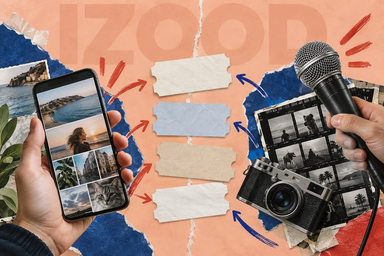 Phone, microphone and camera tools separated by paper-cut plan cards