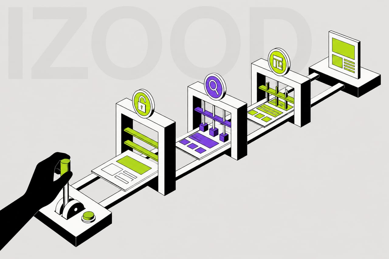 Axonometric mechanism moving a useful web page through checks toward a clear answer