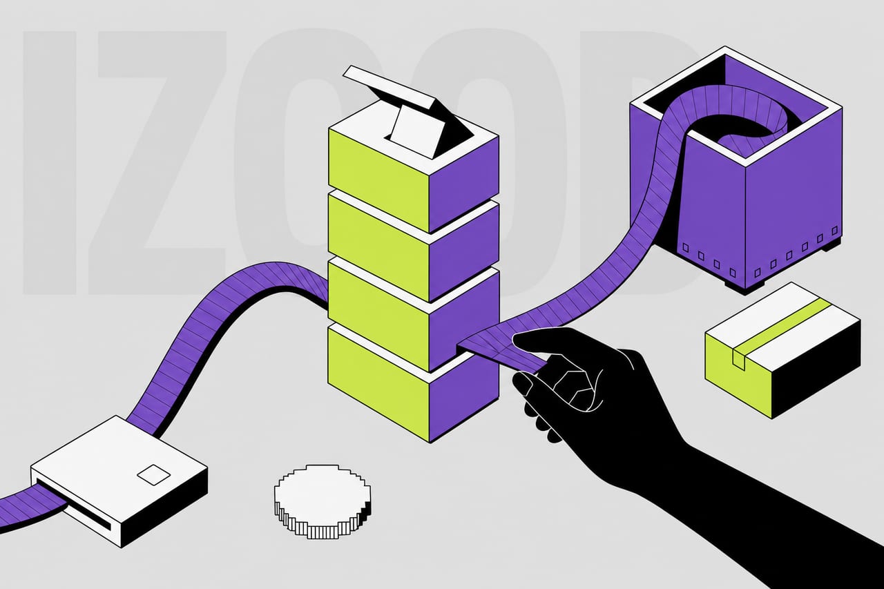 A single continuous violet ribbon leaves a white card reader lying flat in true dimetric projection at the lower left of the frame, rises in a smooth arc.