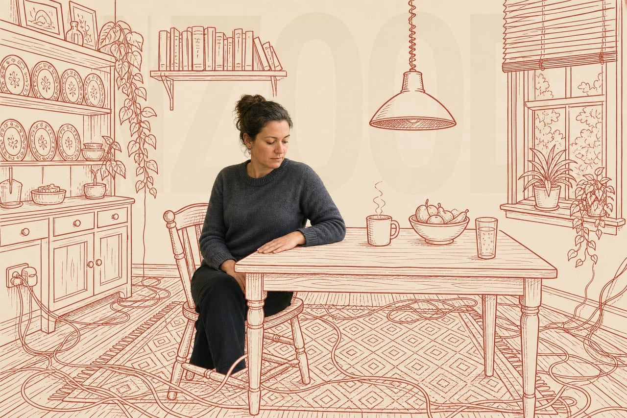 A full-colour photograph of a woman in her thirties sits at the centre of the
frame at a small table, in an ordinary jumper.