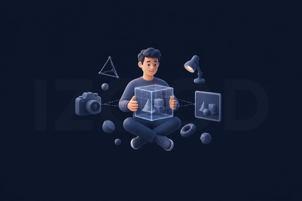 A floating vinyl character holds a wireframe 3D cube among camera, triangle and light objects