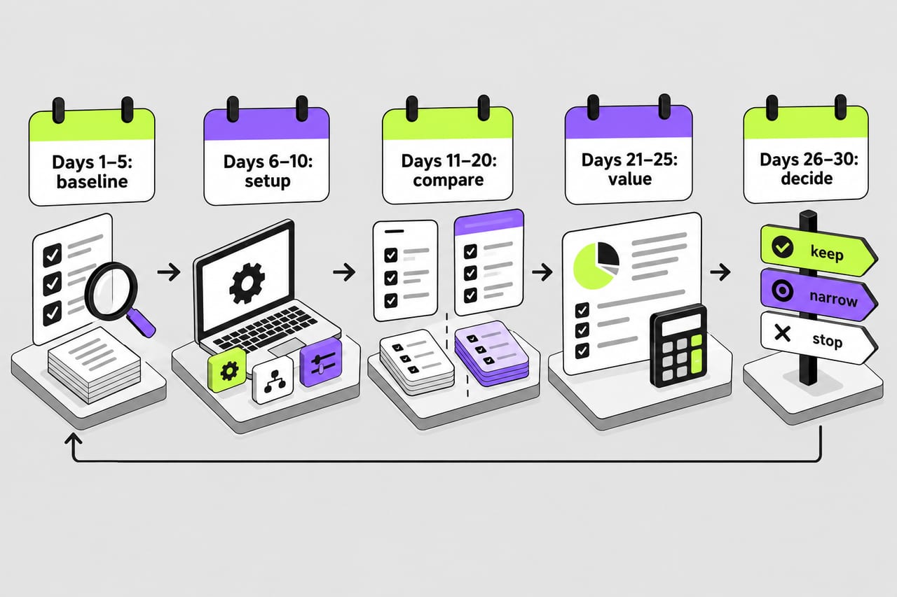 A five-stage 30-day pilot moves from baseline measurement to a keep, narrow or stop decision