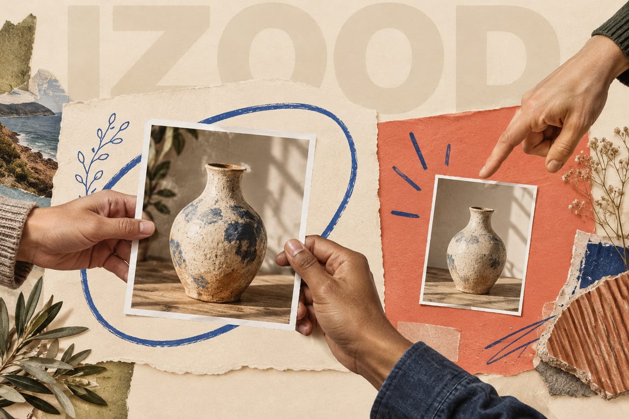 Two hands sharing an original photograph beside a separate hand recommending a copy
