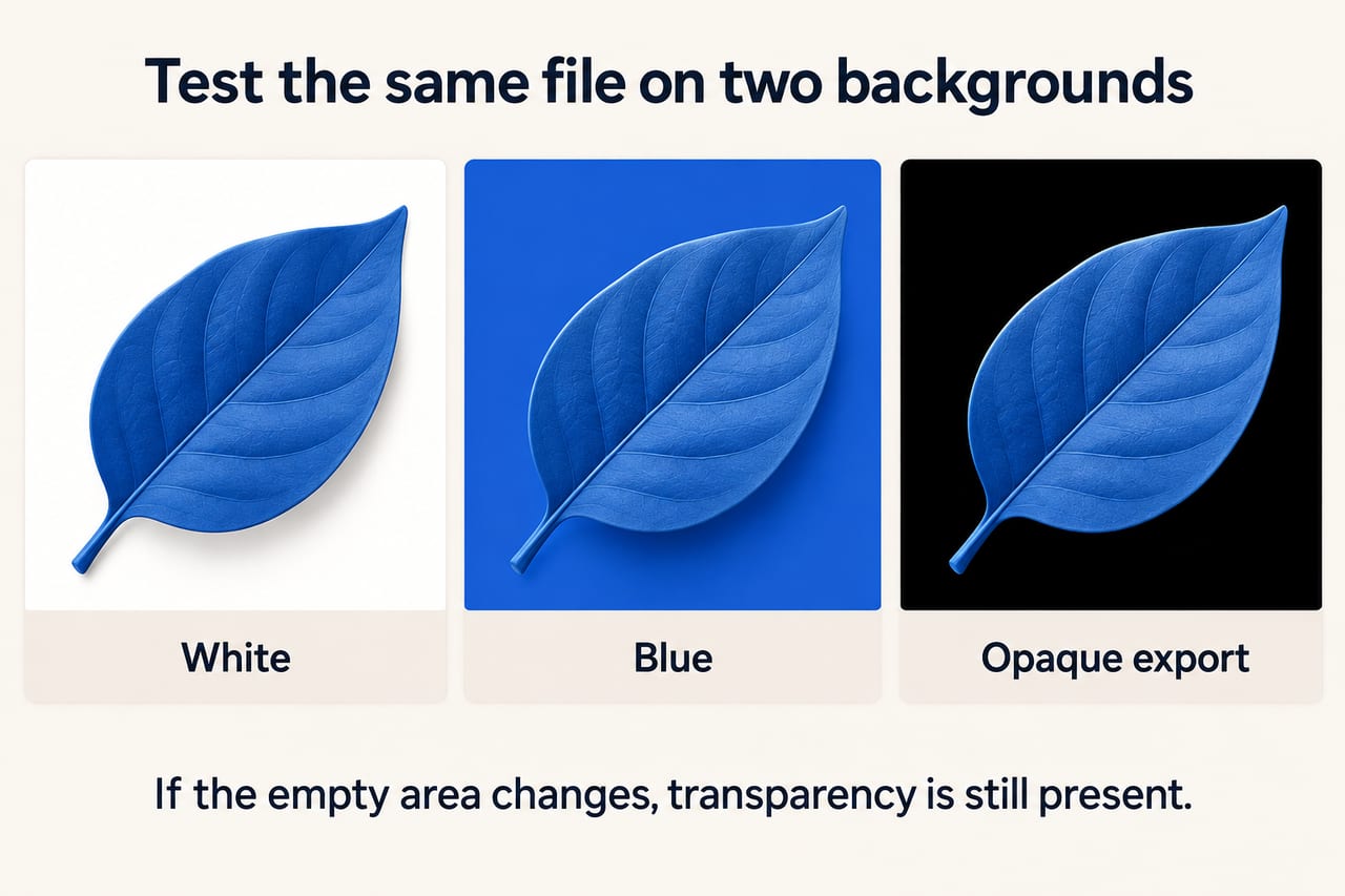 The same blue cutout reveals white and blue backgrounds, while an opaque export retains a black rectangle