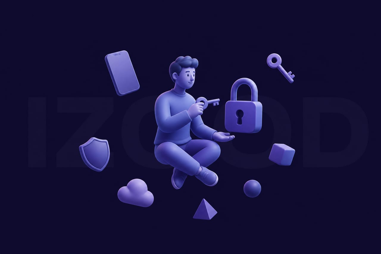 A floating vinyl figure holds a private key beside a lock, phone and shield