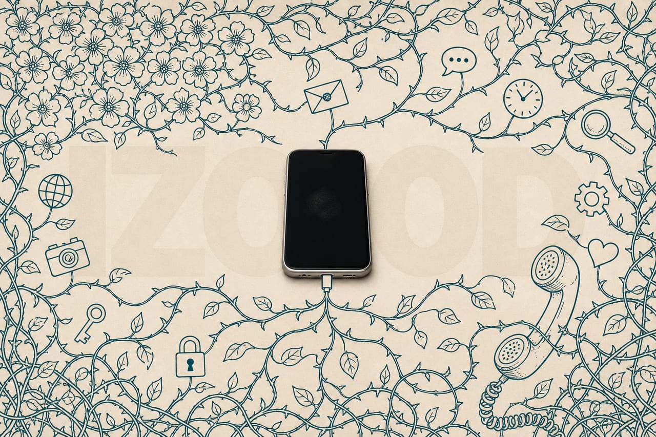 A full-colour photograph of a smartphone lies flat at the centre of the frame, face-up, its screen dark and unlit.