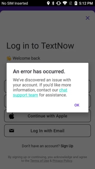 textnow an error has occurred