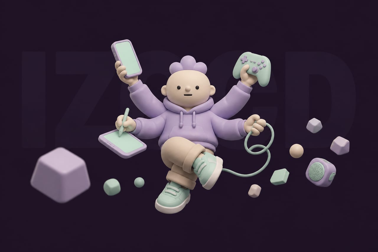 A chunky matte vinyl character with four arms floats serenely at the centre of the frame, legs crossed at the ankle, hovering.