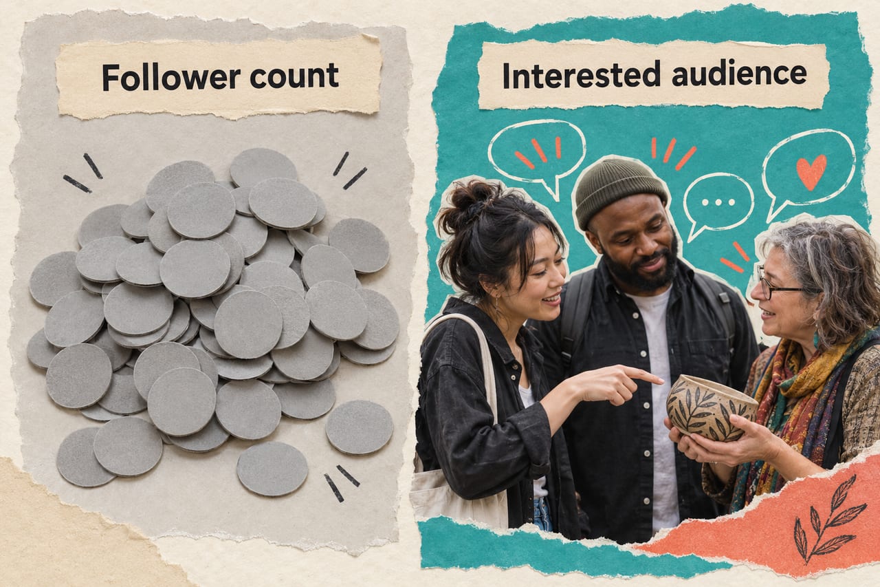 Blank follower-count tokens are compared with real people interested in a creator’s work