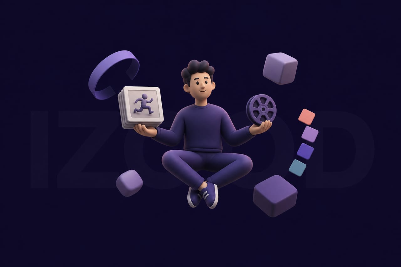 A floating vinyl figure compares a thick stack of animation frames with a small compact video reel