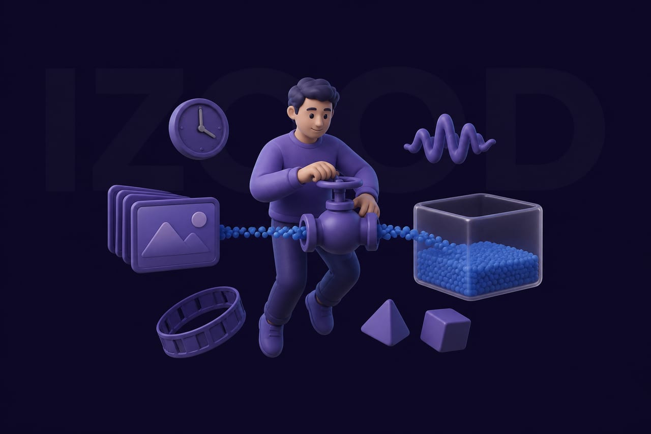 A floating vinyl figure pours video-frame shapes through a narrow channel into a fixed-size container