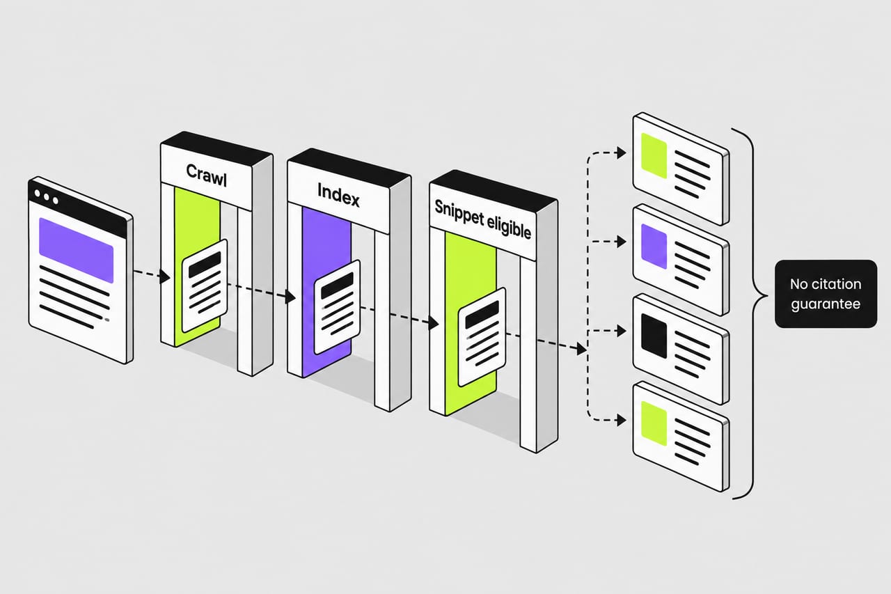 A web page passes crawl, index and snippet-eligibility gates without a guaranteed AI citation
