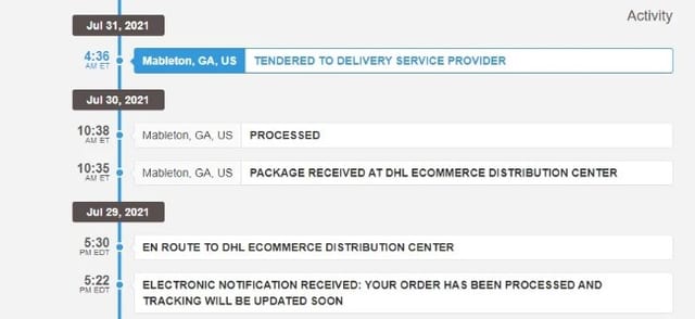 tendered to delivery service provider