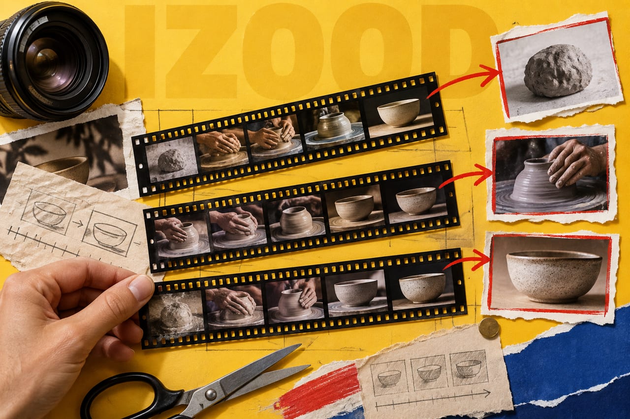 Photographic film strips, scissors and a camera lens arranged as three different video edits