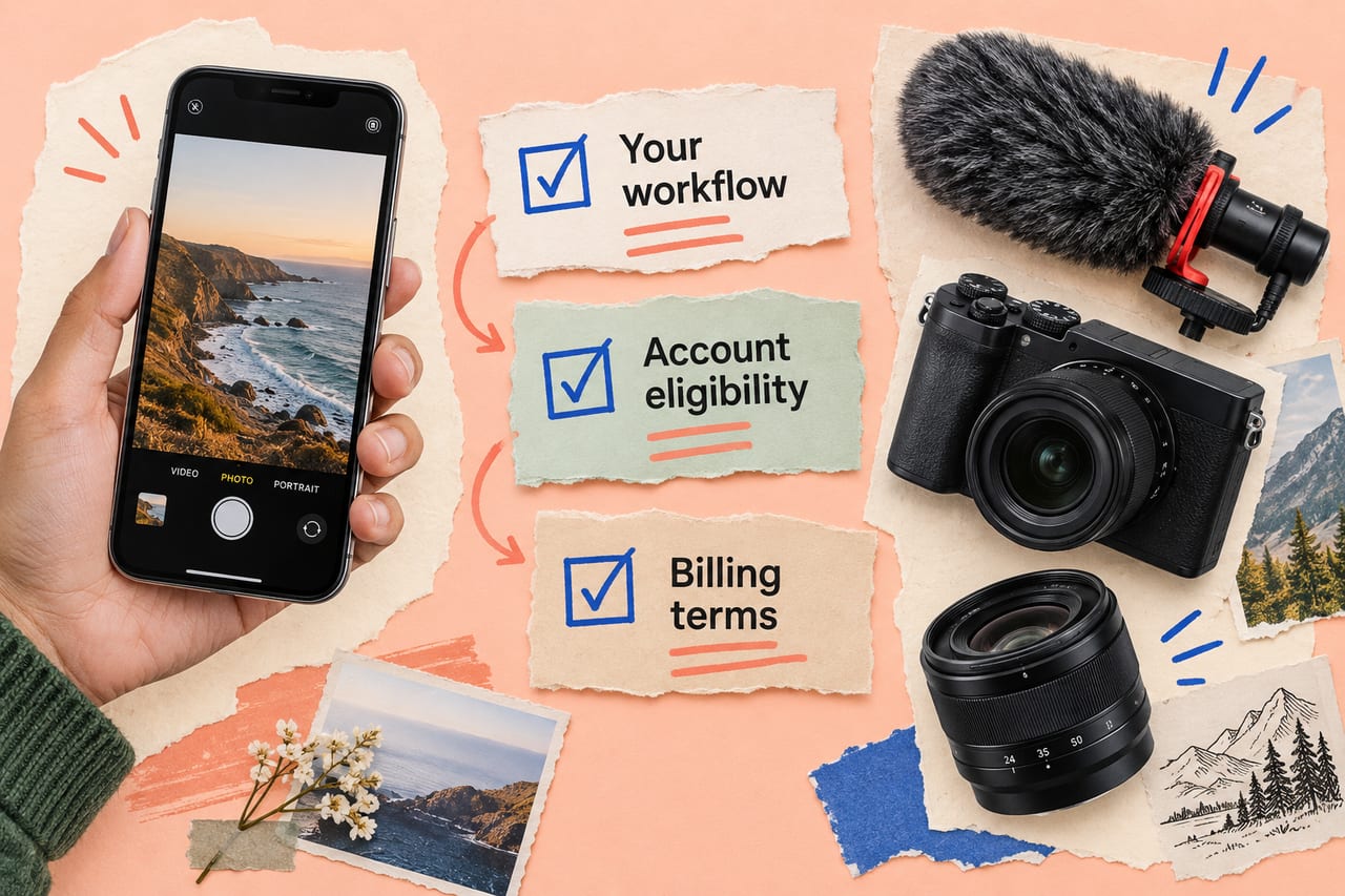 Photographic phone and creator tools accompany a workflow, eligibility and billing checklist