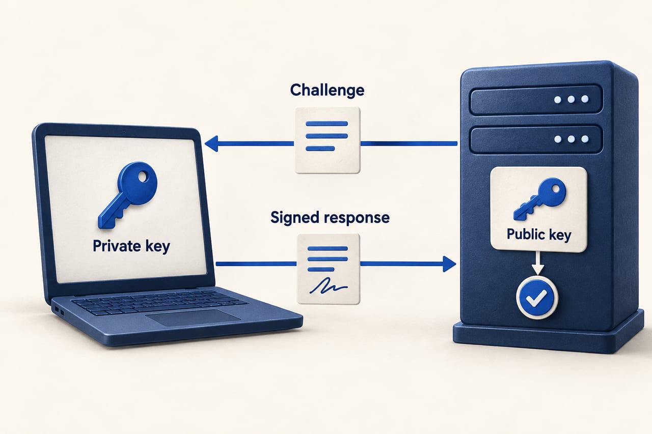 A device signs a challenge with a private key and the service checks it with a public key