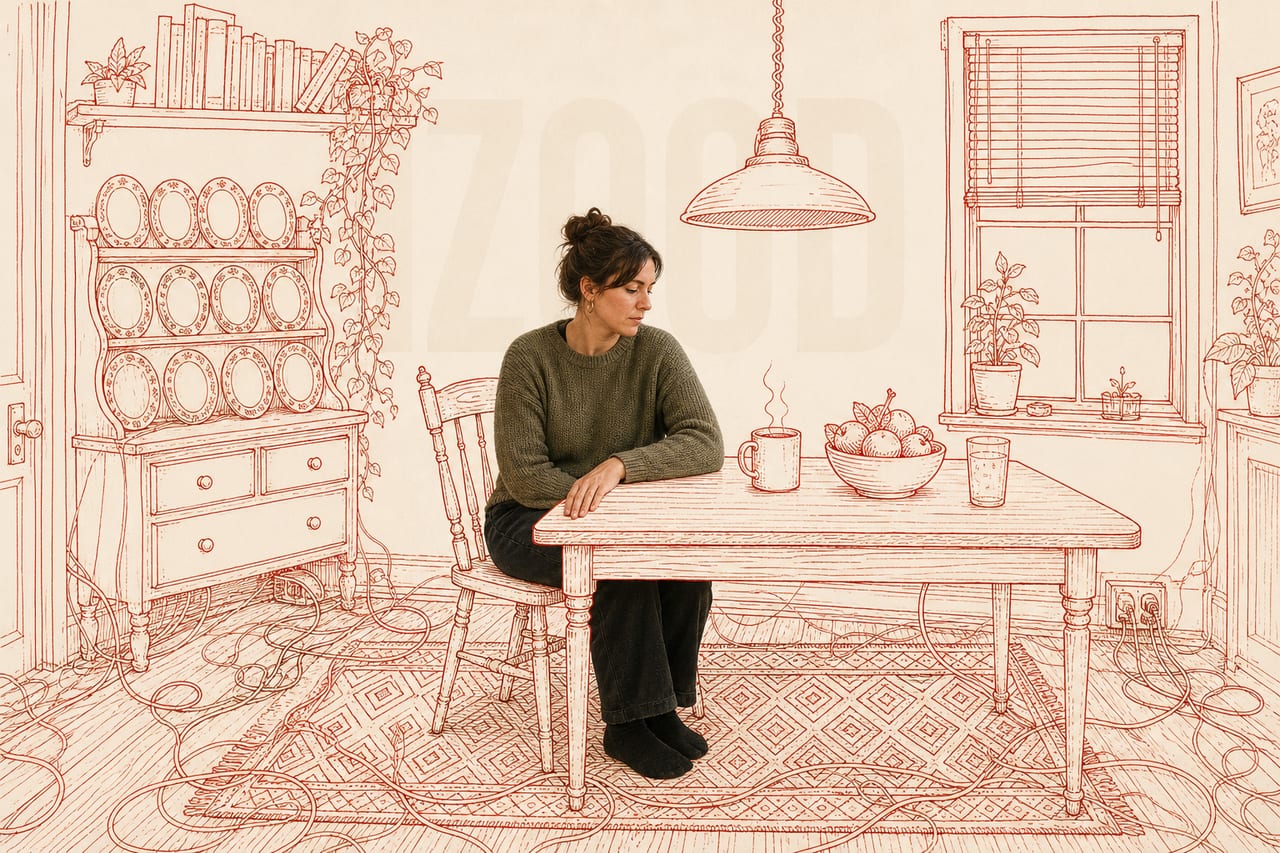 A full-colour photograph of a woman in her thirties sits at the centre of the
frame at a small table, in an ordinary jumper.