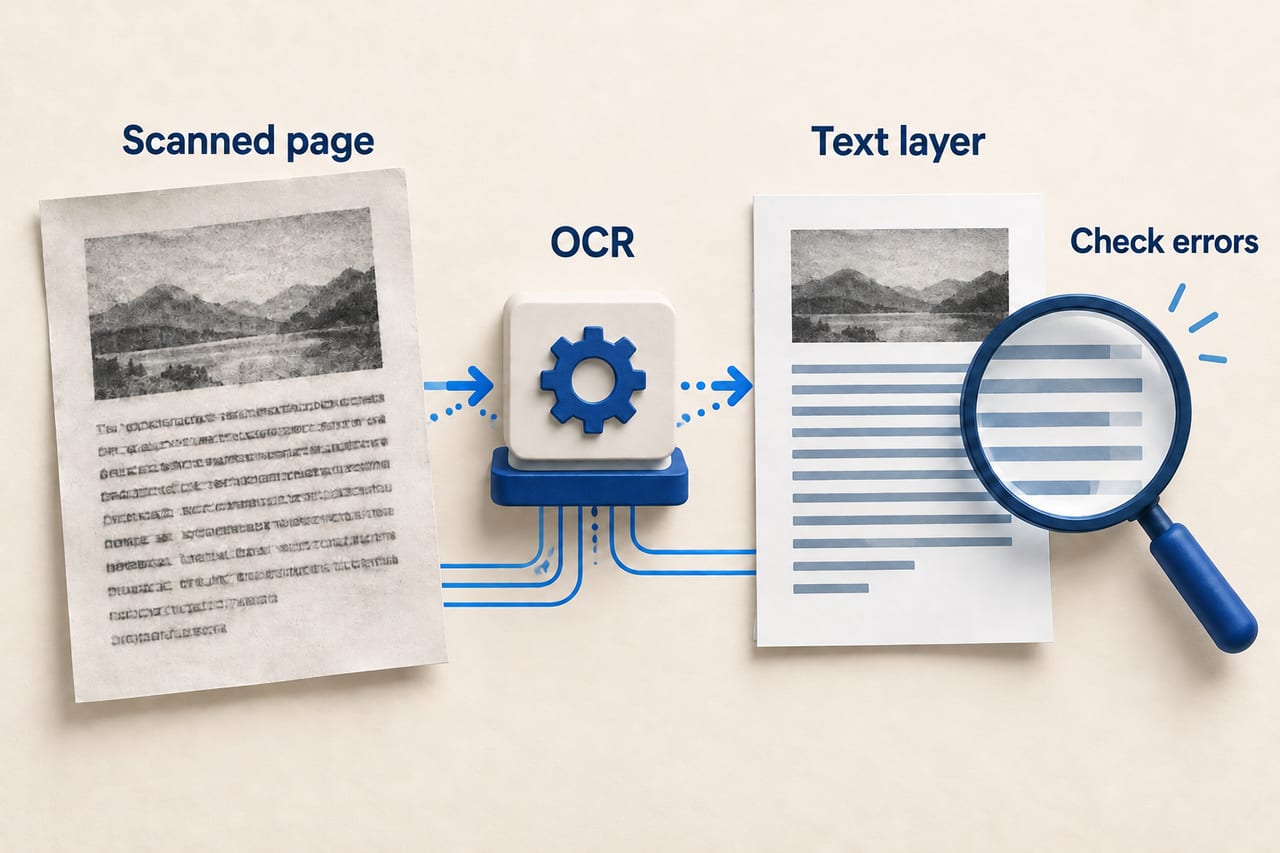 A scanned page passes through OCR to a text layer that is checked for recognition errors