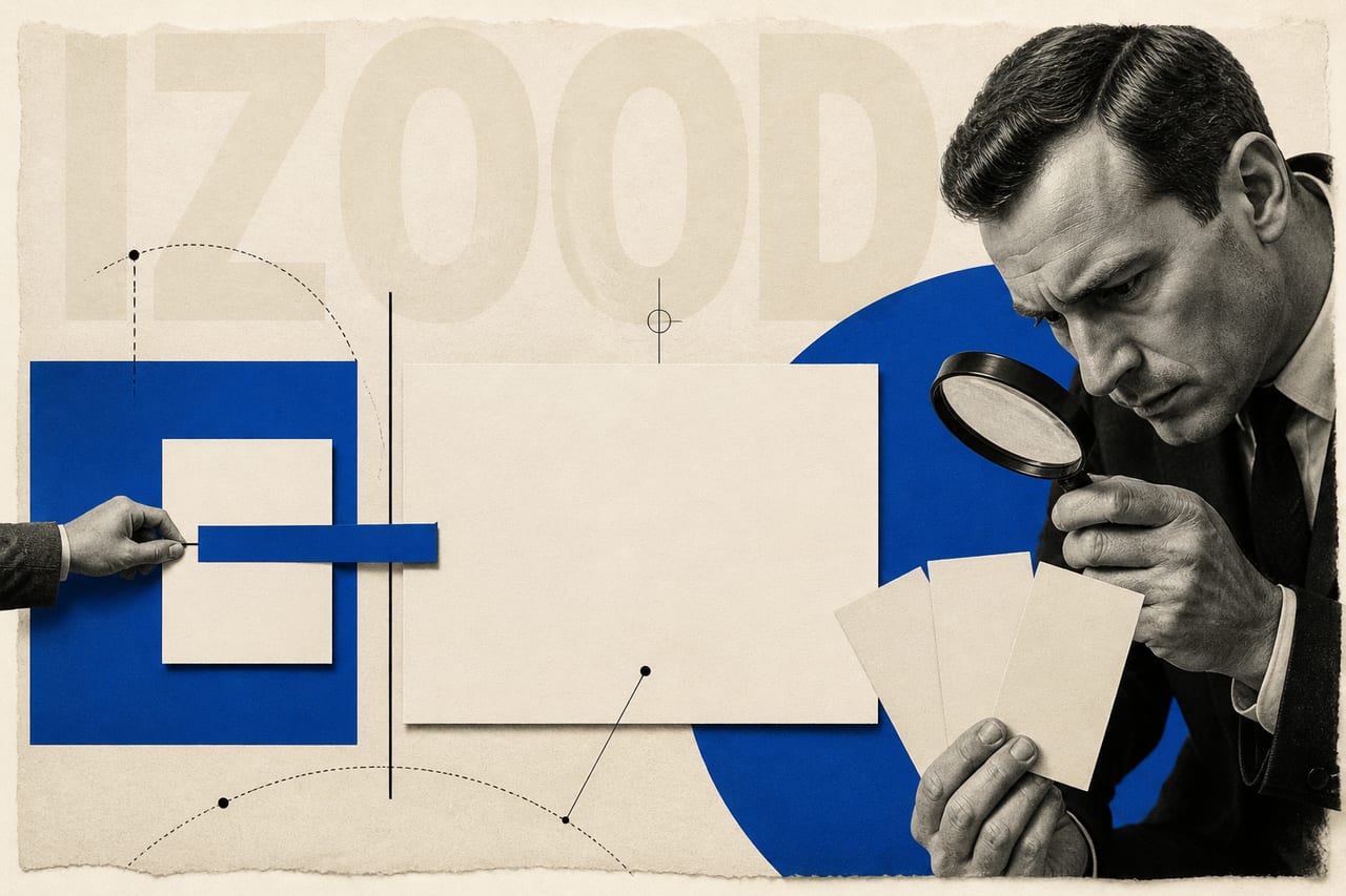 A photographic collage of a person examining a source card while another paper strip crosses a marked boundary