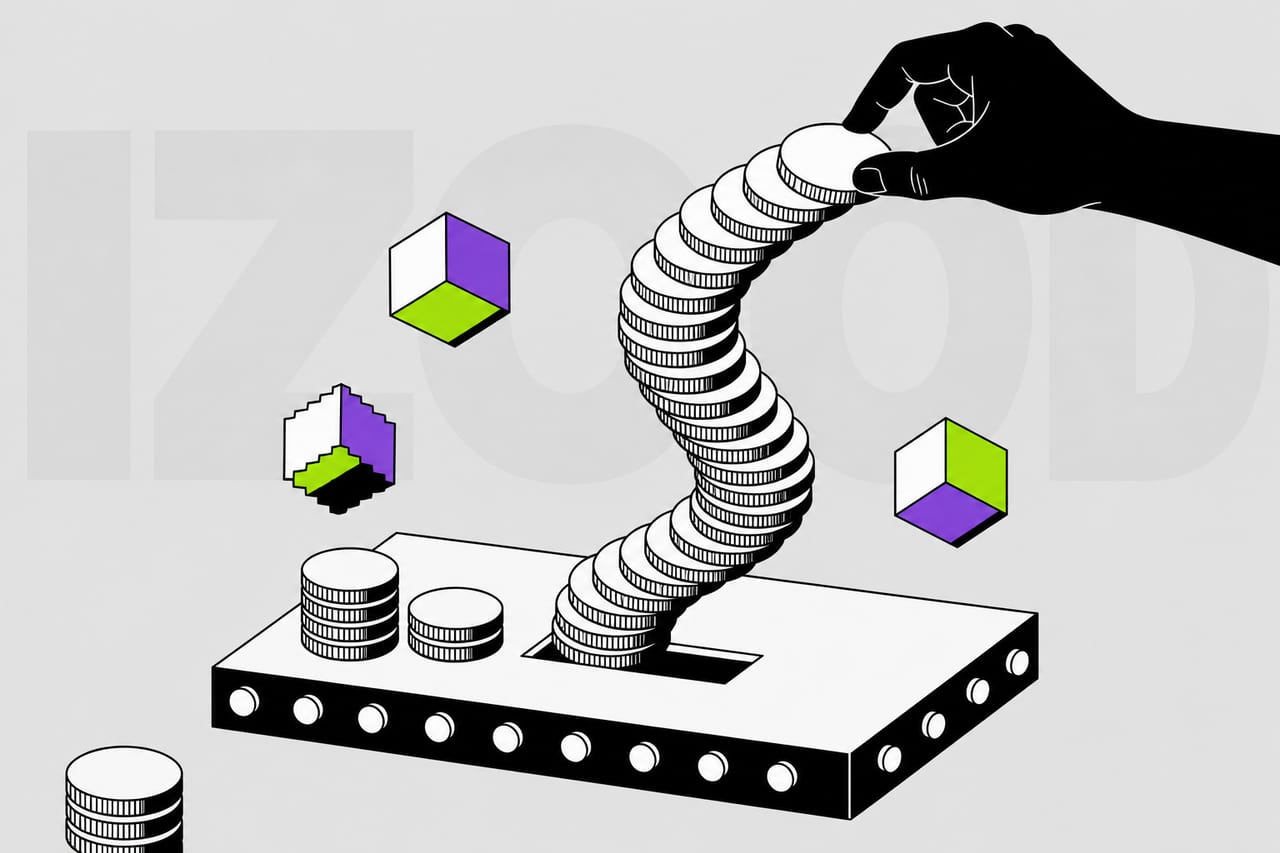 A low plinth lies flat in true dimetric projection at the centre of the frame,
and out of a slot in its top a long coil of blank cylindrical discs erupts.