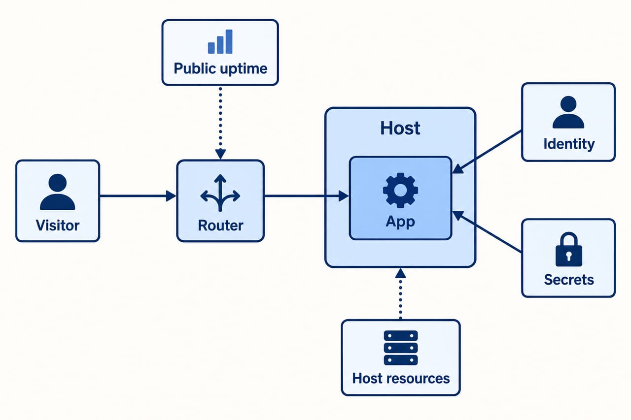 An illustrative request path through a router to an app with separate identity, secrets and monitoring roles