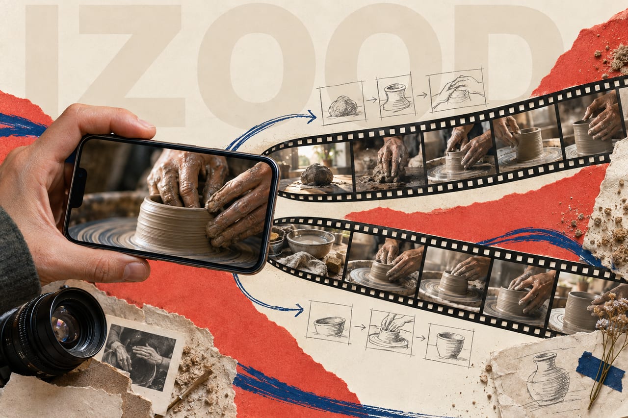 A hand holding a phone beside two paper-cut video paths with different openings
