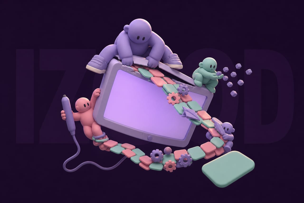 Three chunky matte vinyl characters swarm over an enormous soft-cornered computer monitor that floats tilted at a forty-five-degree angle.