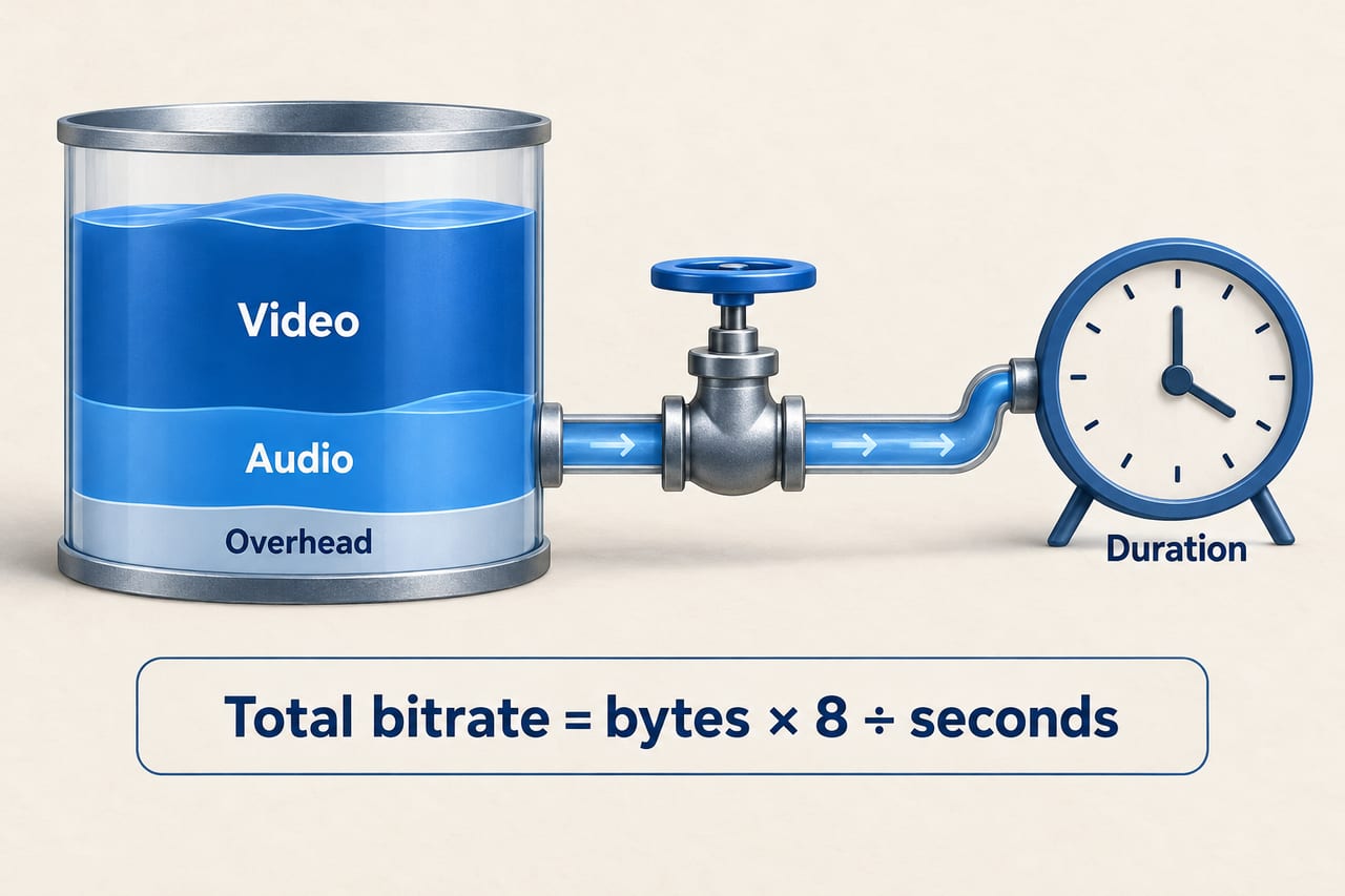 A file-size budget reserves room for video, audio and container overhead over the clip duration