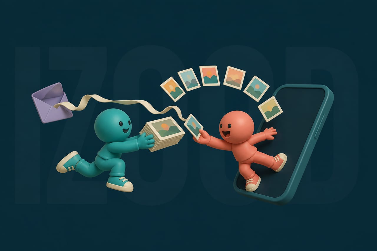 Two small toy figures pass photo prints and an invitation through a floating smartphone, illustrating a shared album invite.
