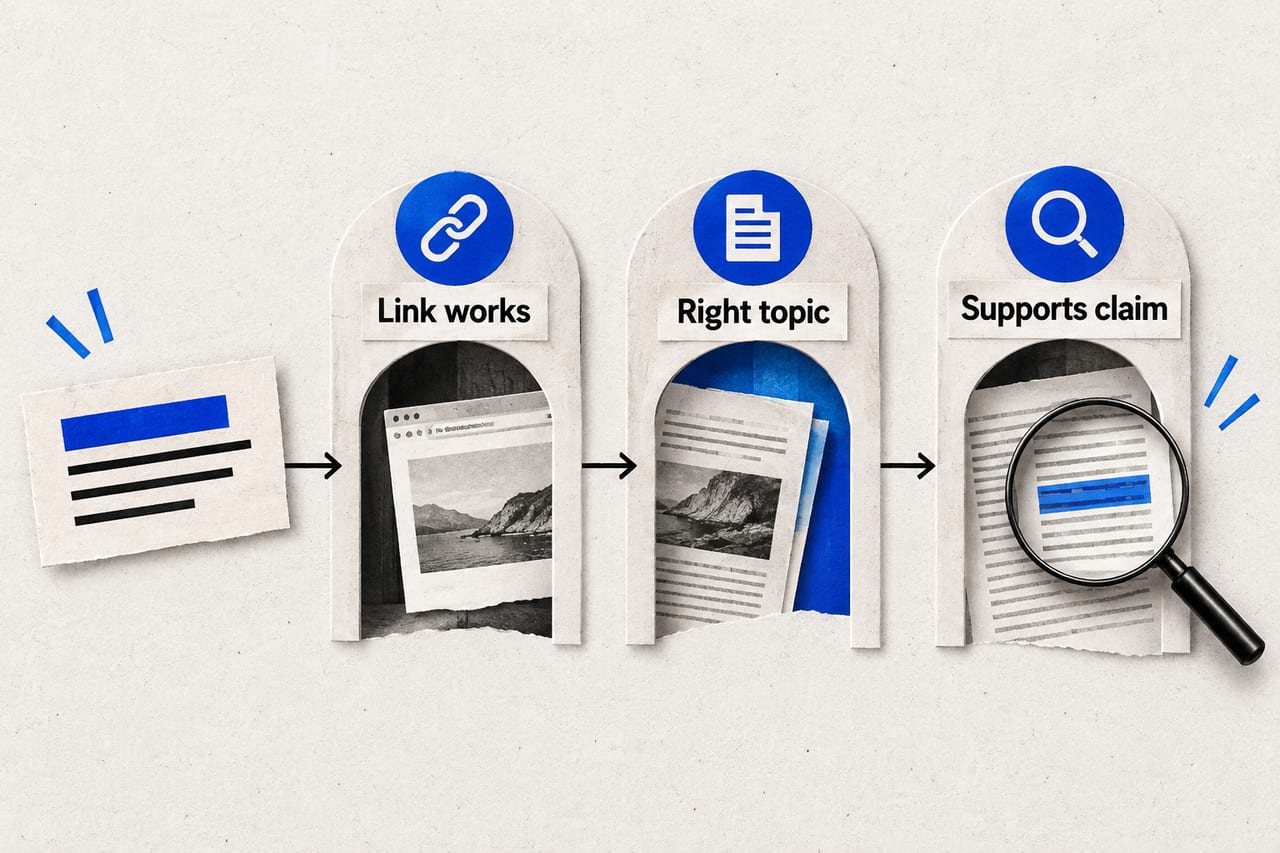 Three separate checks test link accessibility, topic relevance and exact claim support