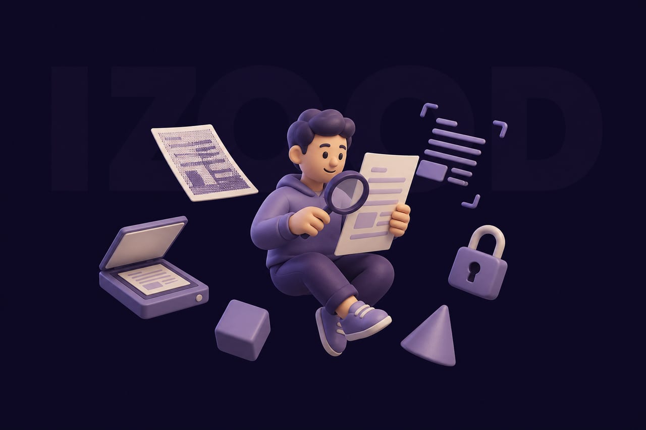 A floating vinyl figure examines a scanned page with a magnifying glass beside a separate selectable paper layer