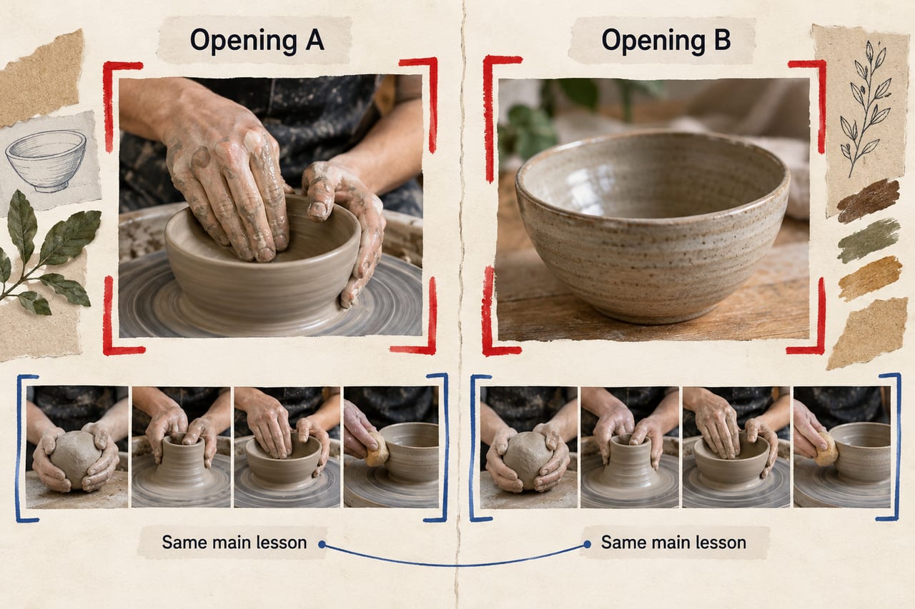 Two photographic pottery video plans change the opening and keep the main lesson the same