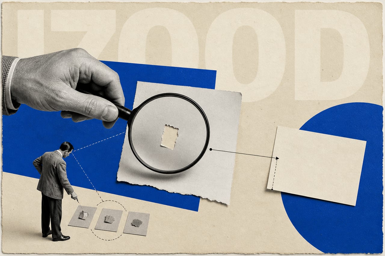 A photographic collage of a person checking a source page through a magnifying glass beside three evidence cards