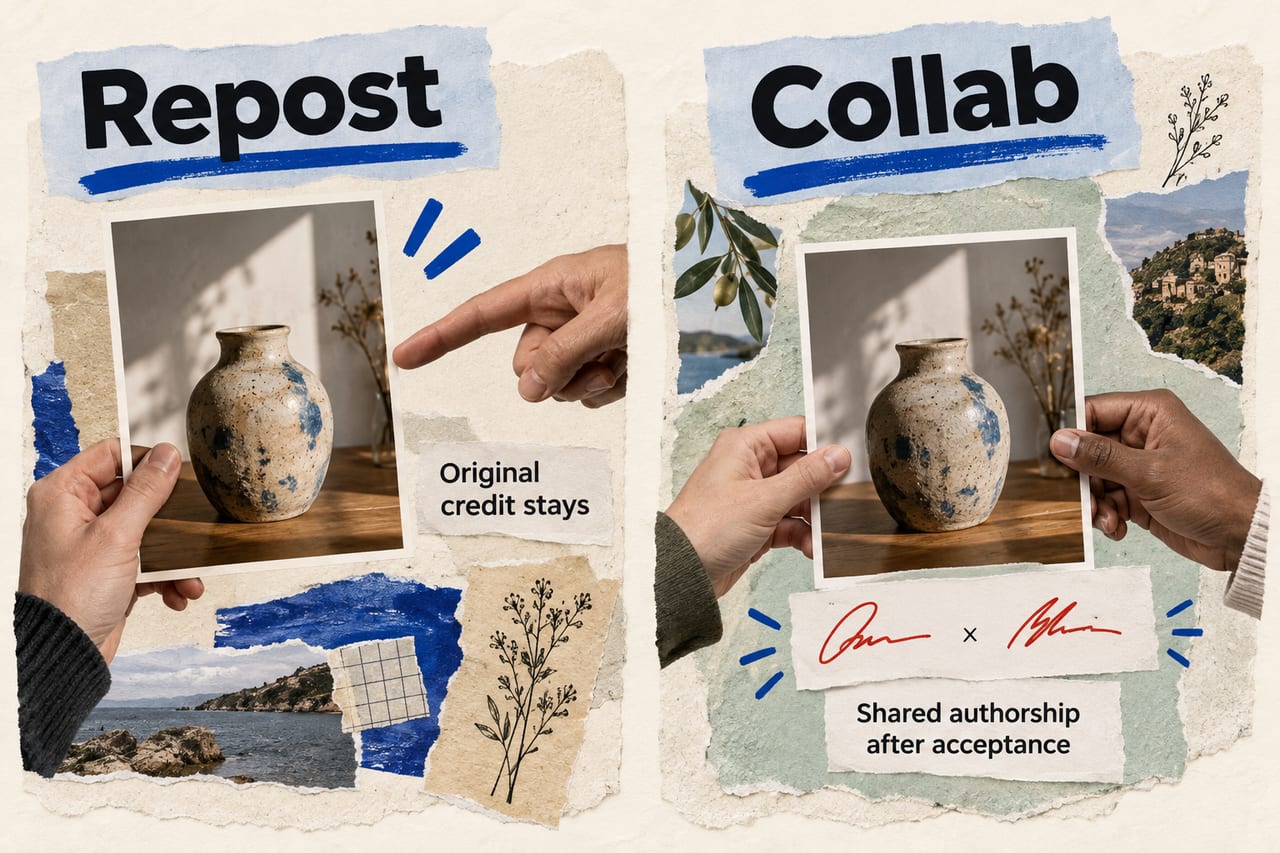 A recommendation keeps original credit, while two hands sharing one photo represent an accepted Collab