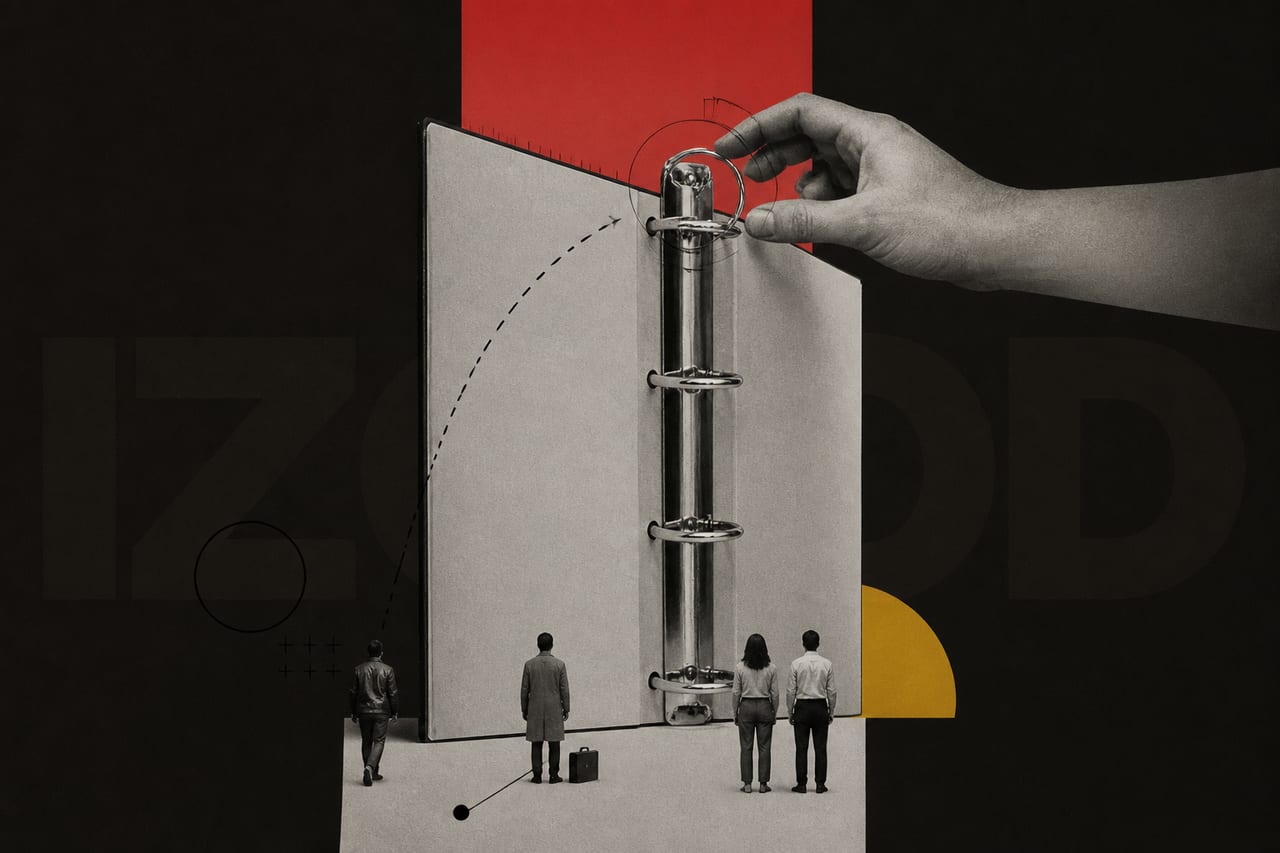 An enormous black-and-white photograph of an open ring-binder stands upright in
the middle of the frame, scaled as though it were a wall.
