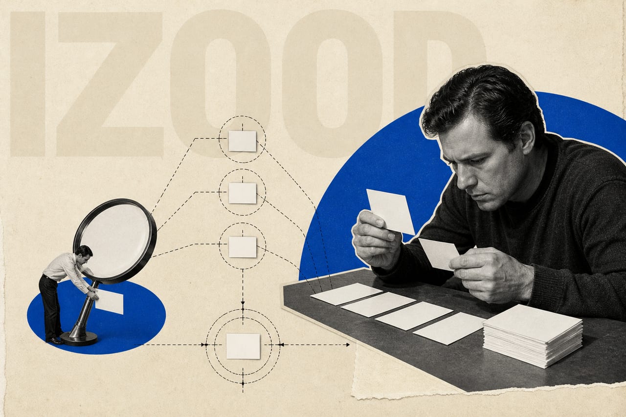 A photographic collage of a person comparing evidence cards and checking an AI-generated result