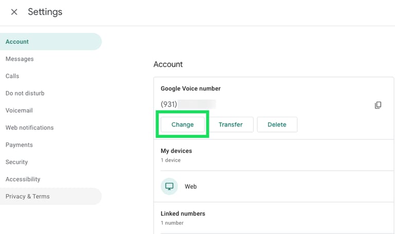 how to change google voice number