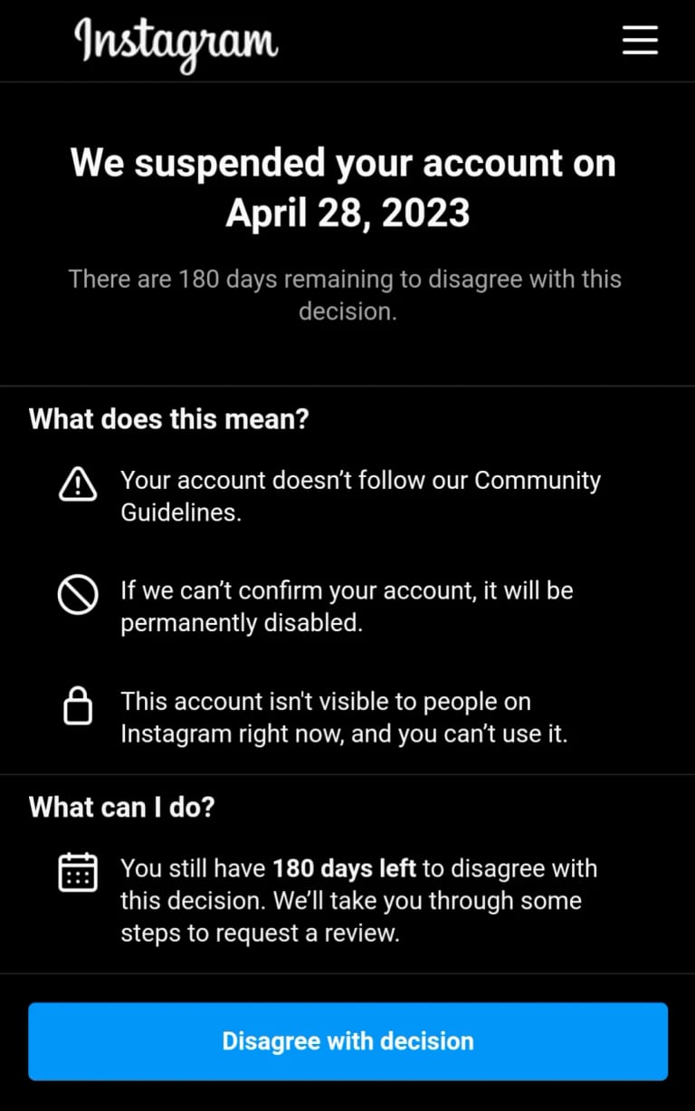 instagram account suspended
