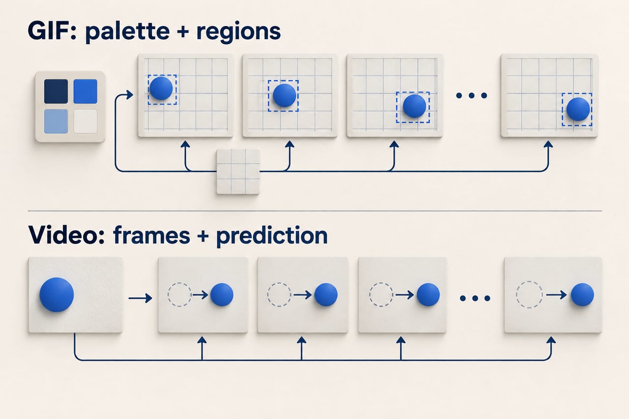 A conceptual comparison shows GIF palettes and regions beside video frames and prediction