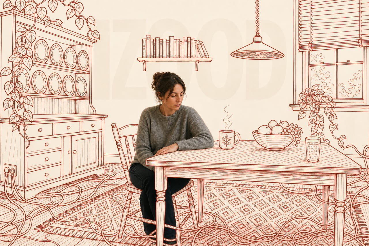 A full-colour photograph of a woman in her thirties sits at the centre of the
frame at a small table, in an ordinary jumper.