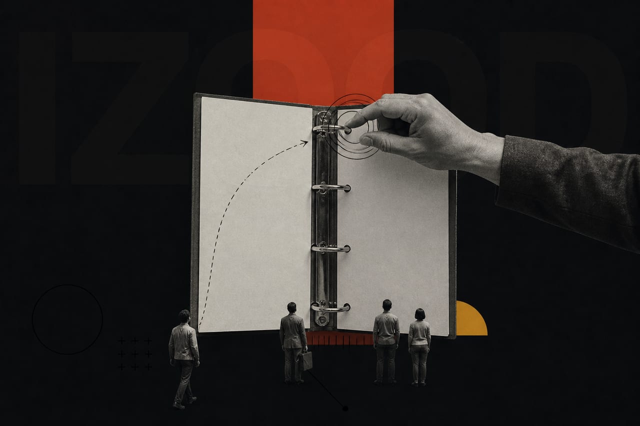 An enormous black-and-white photograph of an open ring-binder stands upright in
the middle of the frame, scaled as though it were a wall.