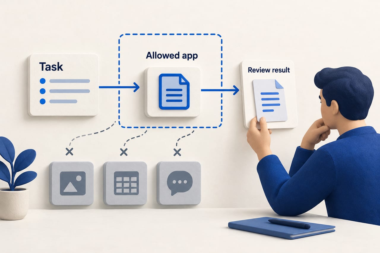 A computer-use task is limited to an allowed app and its saved result is checked