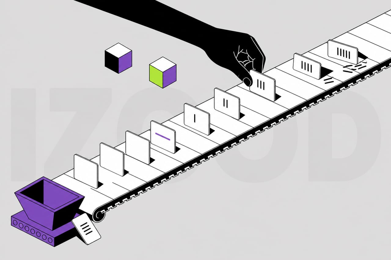 A conveyor belt runs corner to corner across the frame in true dimetric projection, from the lower left to the upper right.